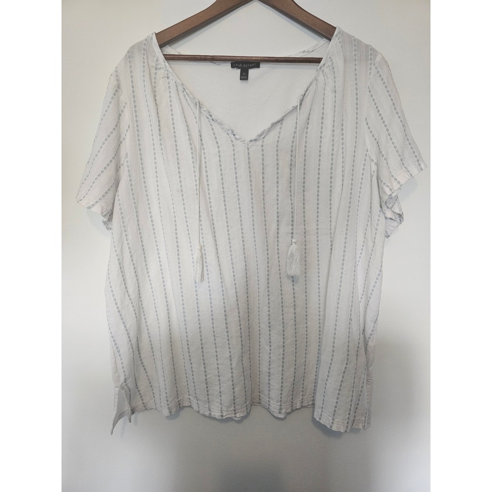 Boho Lane Bryant Blouse Womens 22/24 White Blue Dotted Stripe Tassel Tie Top